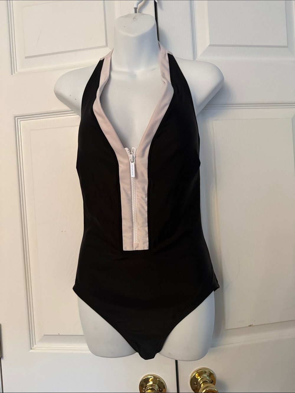 Michael Kors Black One-Piece Swimsuit with Blush Trim and Front Zip
